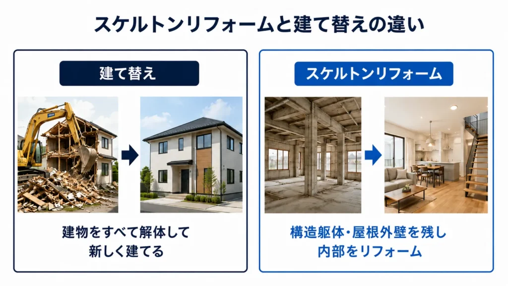 スケルトンリフォームと建て替えの違いを比較した図。建て替えは建物をすべて解体し、スケルトンリフォームは構造躯体・屋根・外壁を残して内部を改修する