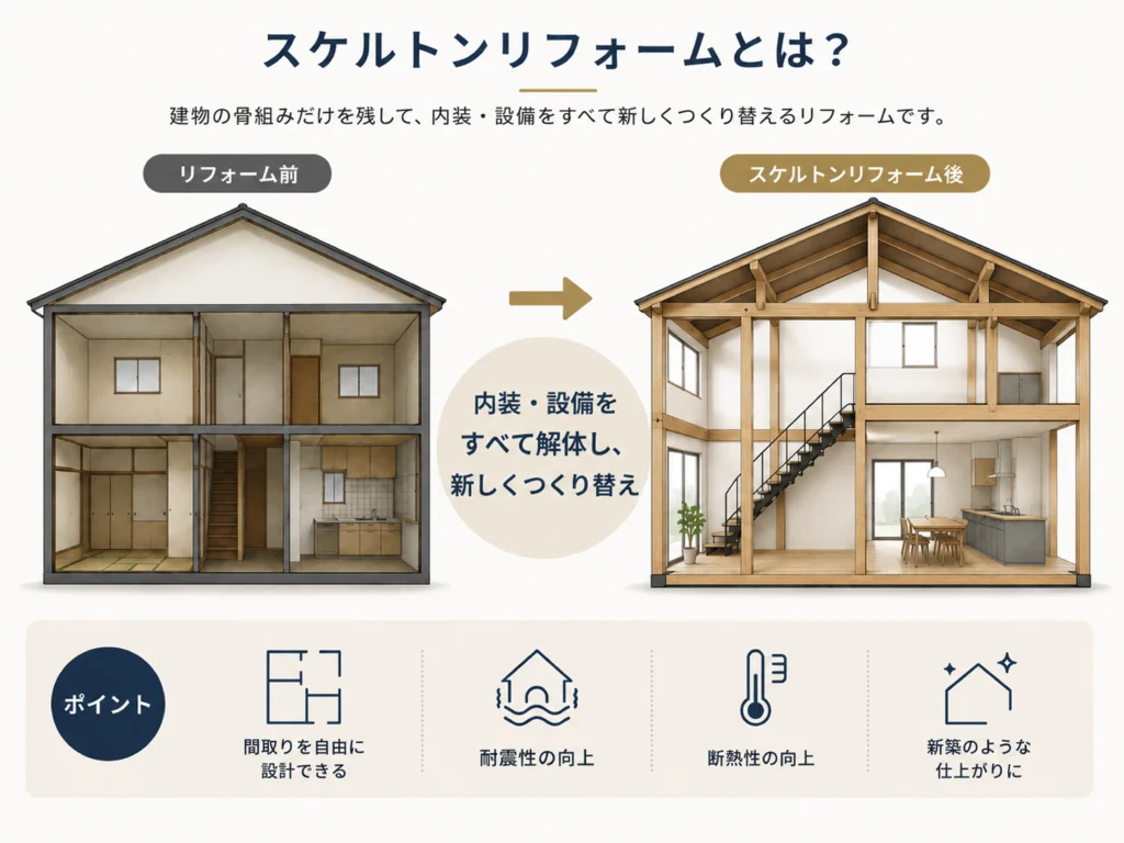 建物の骨組みを残して内装・設備を解体し、新しくつくり替えるスケルトンリフォームの説明図