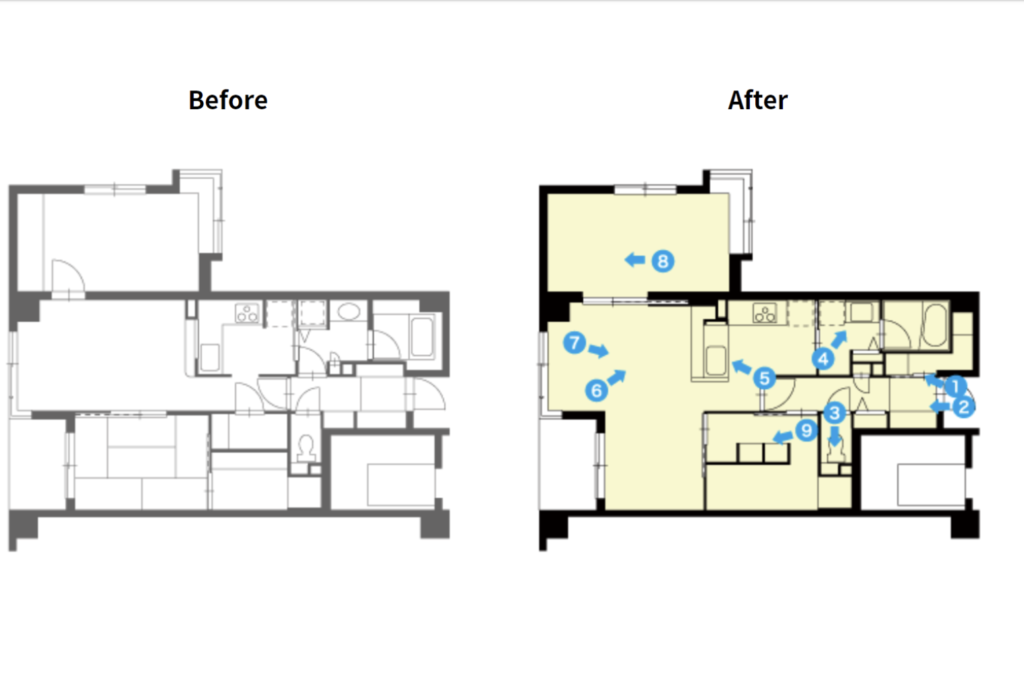 Before: 【Before】築20年マンションの間取り図|スケルトンリフォーム前(東京都)
After : 【After】ウォークインクローゼットで回遊動線を実現した築20年マンションの間取り図|スケルトンリフォーム後(東京都)