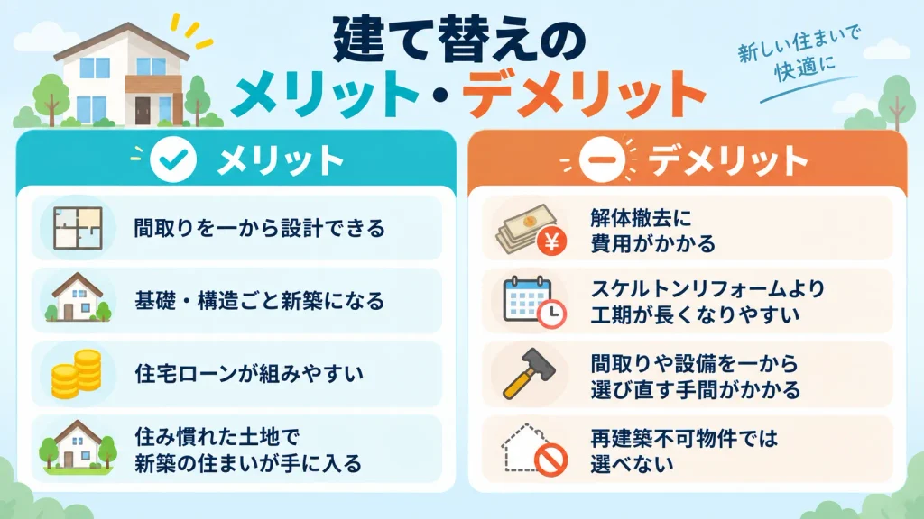 建て替えのメリット・デメリット一覧の図解