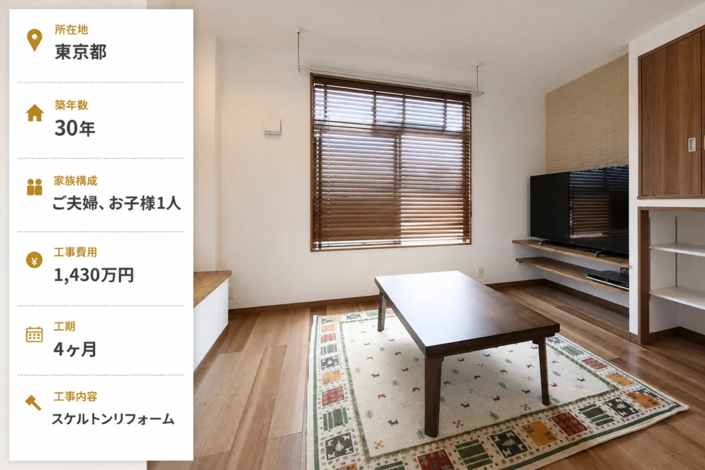 東京都・築30年戸建てスケルトンリフォームの施工事例(1,430万円)