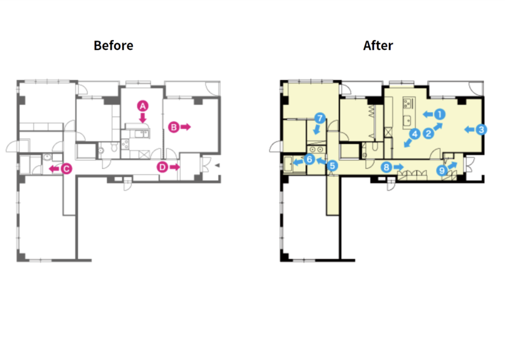 東京都・築26年マンションスケルトンリフォームの間取り図(Before/After比較)