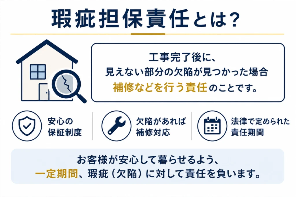 品確法による瑕疵担保責任10年保証を示すインフォグラフィック