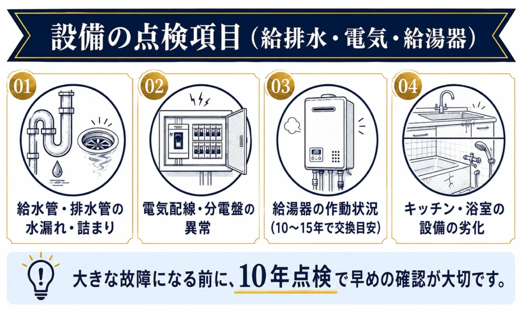 家の10年点検の設備点検項目（給排水・電気・給湯器）のインフォグラフィック