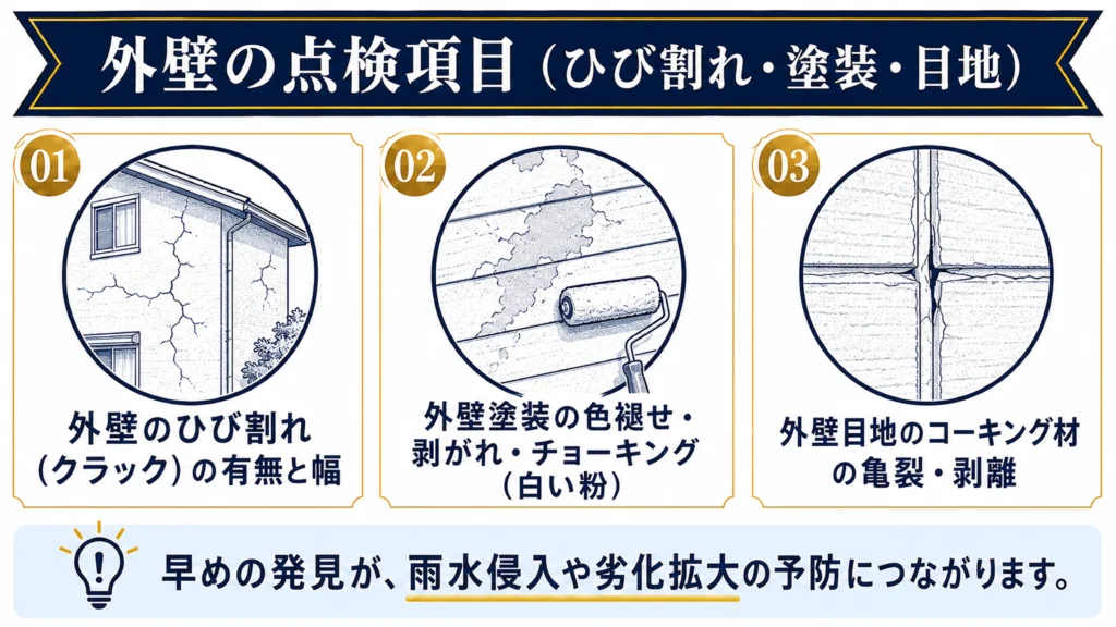 家の10年点検の外壁点検項目（ひび割れ・塗装・目地）のインフォグラフィック