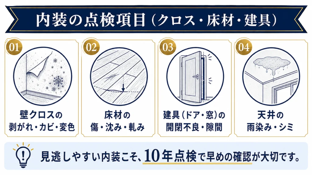 家の10年点検の内装点検項目（クロス・床材・建具・天井シミ）のインフォグラフィック