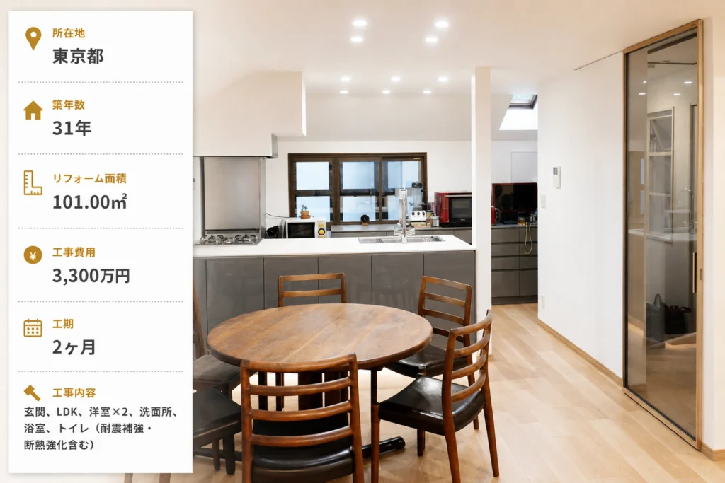 築31年戸建てを耐震補強・断熱強化で再生した施工事例（東京都・3,300万円・北欧家具と自然素材が調和するLDK）