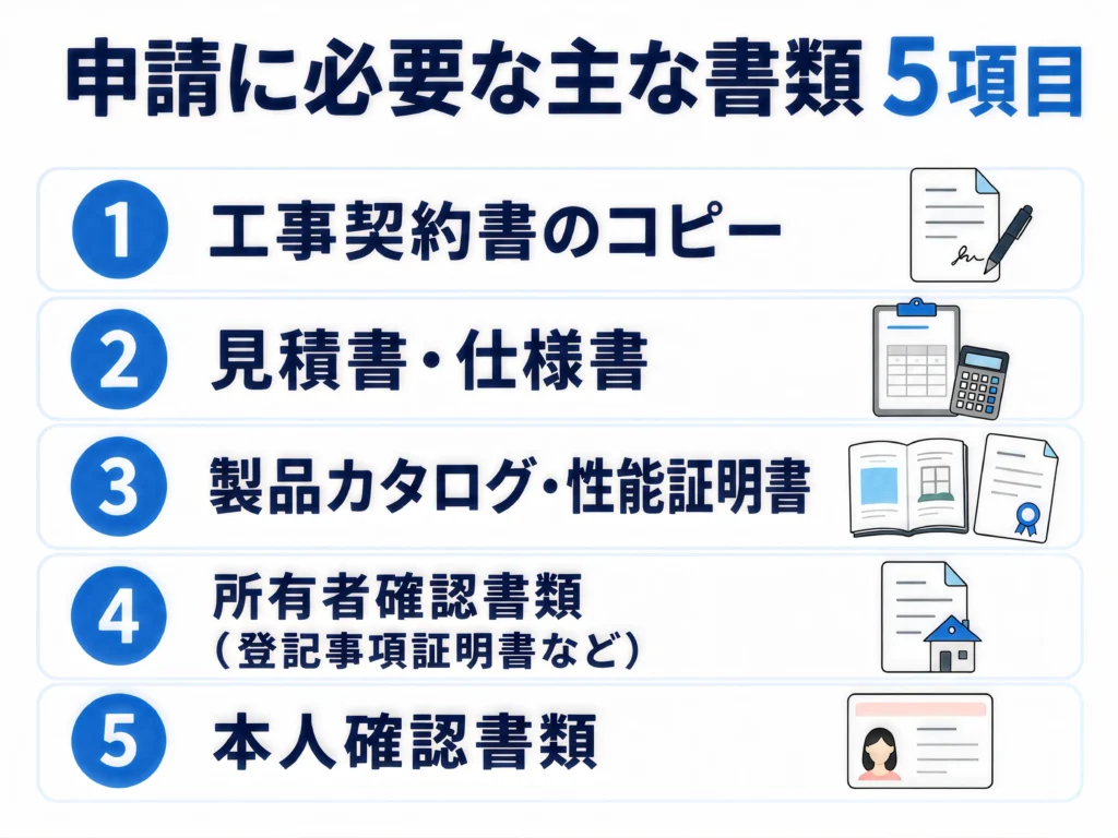 リフォーム補助金の申請に必要な主な書類5項目|工事契約書・見積書・性能証明書・所有者確認書類・本人確認書類