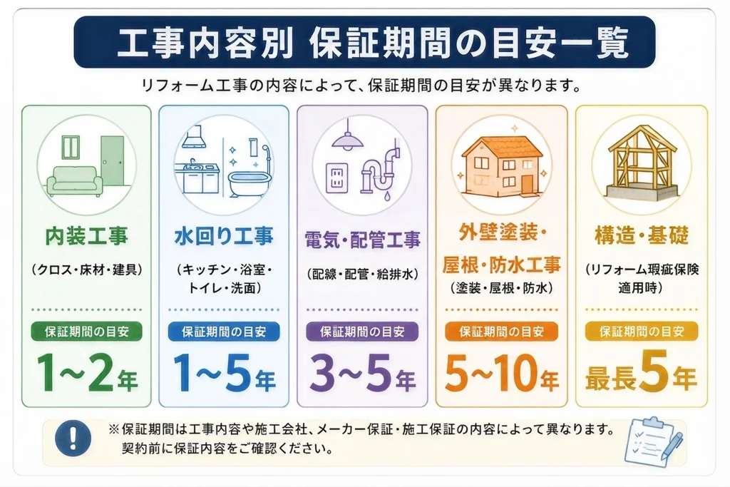 リフォームの工事内容別保証期間の目安一覧。内装工事1〜2年・水回り工事1〜5年・電気・配管工事3〜5年・外壁塗装・屋根・防水工事5〜10年・構造・基礎は瑕疵保険適用時で最長5年