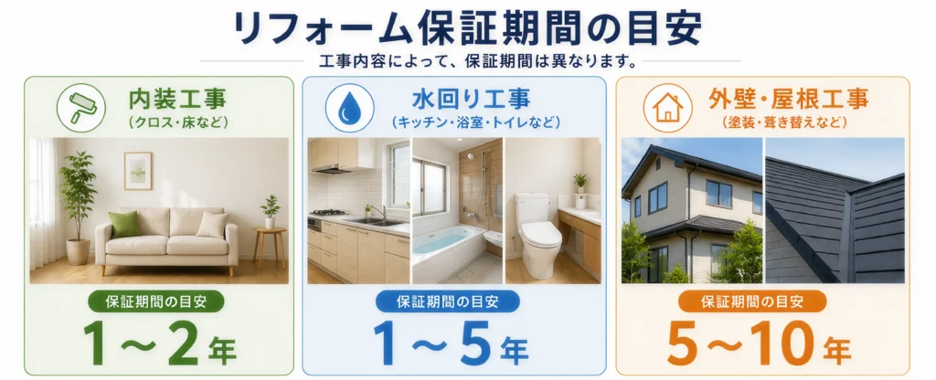 リフォーム保証期間の目安。内装工事1〜2年・水回り工事1〜5年・外壁・屋根工事5〜10年