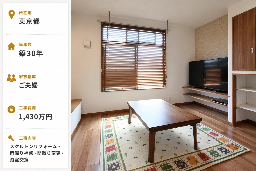 東京都築30年戸建てリフォーム|スケルトンリフォームで再生したリビング(工事費用1,430万円)